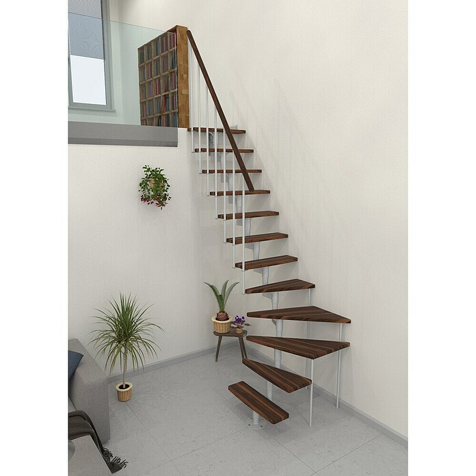Minka Prostorsko varčne stopnice Joker Turn  (Višina nadstropja: 302,9 cm, Barva stopnice: Oreh, Barva kovine: Bela) | 4792 - Treppen | GBDD - Treppen | GBD - Bauelemente | GB - Bauelemente | G - Holz/Bauelem | BAUHAUS
