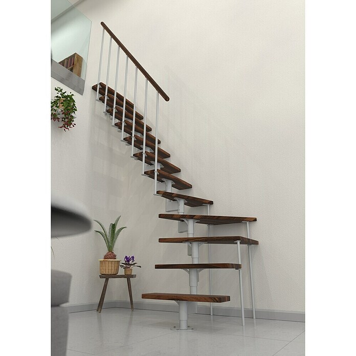 Minka Prostorsko varčne stopnice Joker Turn  (Višina nadstropja: 302,9 cm, Barva stopnice: Oreh, Barva kovine: Bela) | 4792 - Treppen | GBDD - Treppen | GBD - Bauelemente | GB - Bauelemente | G - Holz/Bauelem | BAUHAUS