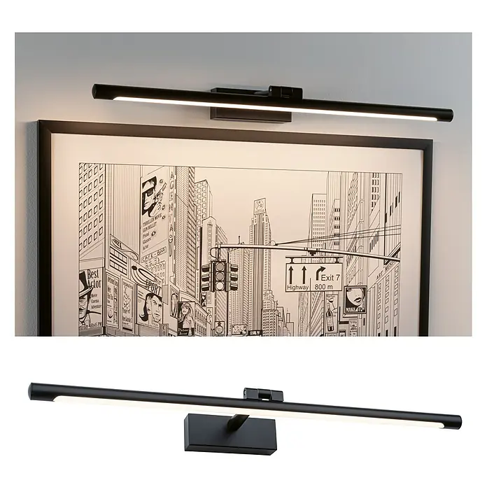 Paulmann Aplique LED para cuadros Mingo - 14 W, L x An x Al: 17,5 x 61,5 x 5 cm, Negro, Blanco cálido - Primer plano de una luz LED negra para cuadros que ilumina una obra de arte enmarcada, con una foto adicional del producto debajo.