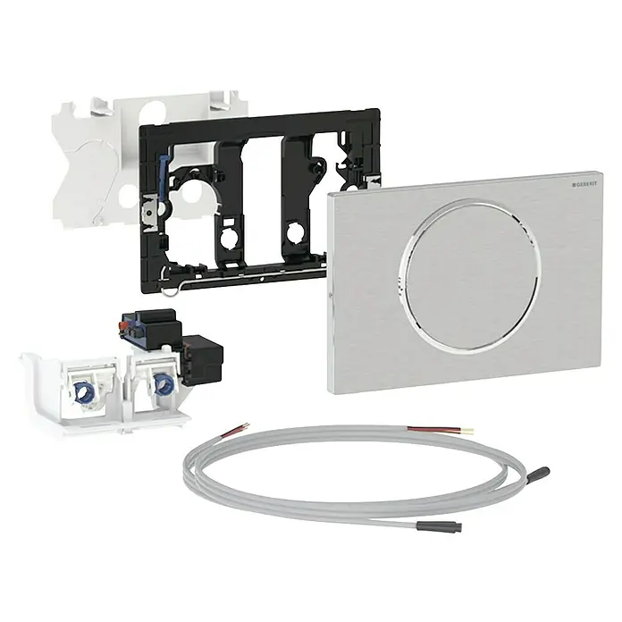 Geberit Betätigungsplatte Sigma Typ 10 - Edelstahl, 1-Mengen-Spülung, Spülzeit einstellbar, Passend für: Sigma UP-Spülkästen 12 cm - Das Bild zeigt ein Geberit Duofix Betätigungsplatten-Set, bestehend aus verschiedenen Installationskomponenten.