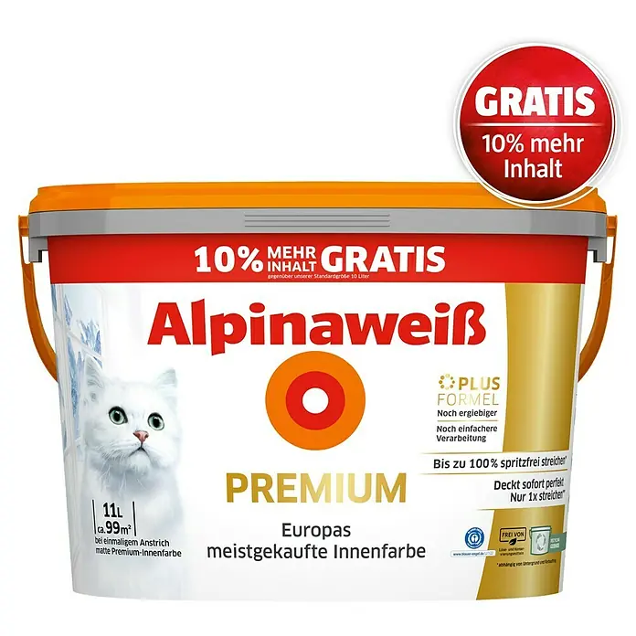Alpina Alpinaweiss Wandfarbe Premium +10 % gratis - Weiß, Matt, 11 l, Konservierungsmittelfrei - Alpinaweiß Premium Innenfarbe: 11 Liter Eimer mit weißem Farbanstrich, ideal für Innenräume, bietet hohe Deckkraft und einfache Verarbeitung.