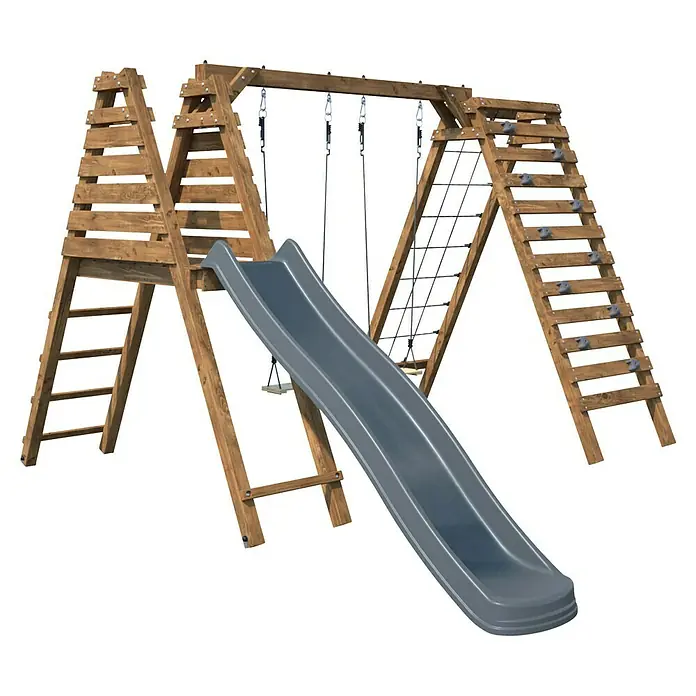 Soulet Kinderspielturm Isis - L x B x H: 3.230 x 3.530 x 2.200 mm, Holz - Ein Spielplatzgerät mit einer Rutsche, Kletterwand und einer Strickleiter. Ideal für Kinder zum Spielen und Austoben im Freien.