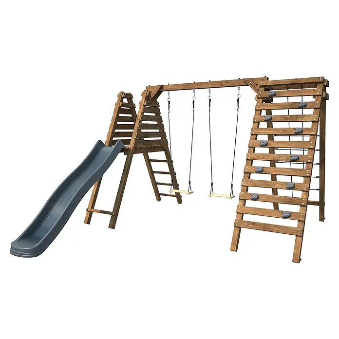 Soulet Kinderspielturm Isis - L x B x H: 3.230 x 3.530 x 2.200 mm, Holz - Ein vielseitiges Spielgerät mit Rutsche, Schaukeln und Kletterwand für stundenlangen Spaß im Freien. Ideal für aktive Kinder.