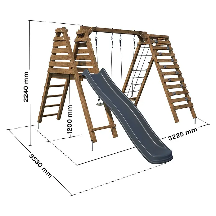 Soulet Kinderspielturm Isis - L x B x H: 3.230 x 3.530 x 2.200 mm, Holz - Abbildung eines Spielturms mit Schaukel, Rutsche und Kletterelementen. Die Maße sind angegeben.