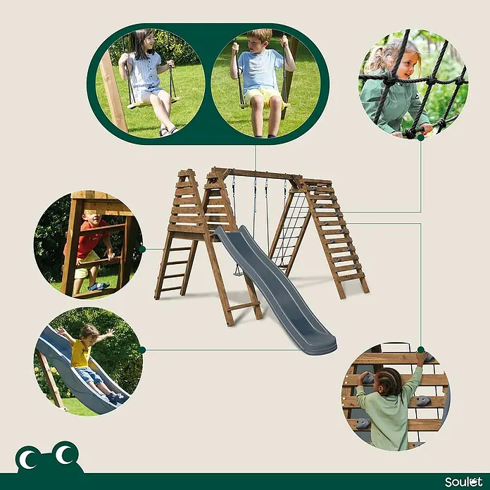 Soulet Kinderspielturm Isis - L x B x H: 3.230 x 3.530 x 2.200 mm, Holz - Bild von einem Holzspielplatz mit Schaukeln, Rutsche, Kletterwand und Netz. Ideal für Kinder, um draußen aktiv zu sein und Spaß zu haben.