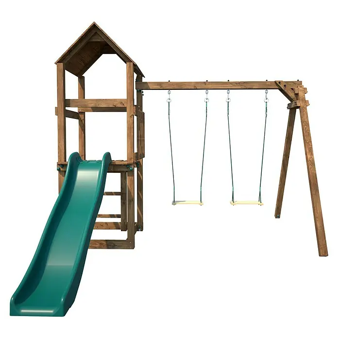 Soulet Kinderspielturm Noumea - L x B x H: 2.730 x 3.130 x 2.370 mm, Holz - Holzspielplatz mit Rutsche und Schaukel für Kinder zum Spielen im Freien.