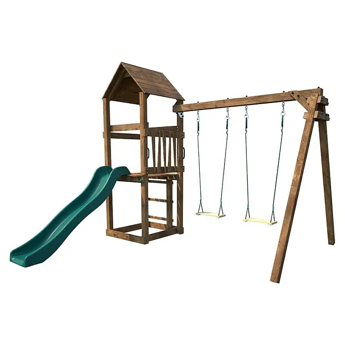 Soulet Kinderspielturm Noumea - L x B x H: 2.730 x 3.130 x 2.370 mm, Holz - Ein hölzernes Spielgerät mit Rutsche und Schaukeln, ideal für Kinder zum Spielen und Spaß haben im Freien.