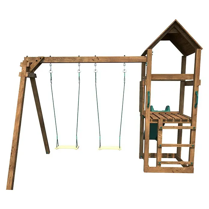 Soulet Kinderspielturm Noumea - L x B x H: 2.730 x 3.130 x 2.370 mm, Holz - Ansicht eines hölzernen Kinderspielplatzes mit Schaukeln, Leiter und Spielhaus. Das Spielgerät bietet vielseitige Spielmöglichkeiten im Freien.