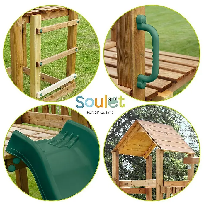 Soulet Kinderspielturm Noumea - L x B x H: 2.730 x 3.130 x 2.370 mm, Holz - Detailansicht des Soulet Spielturms mit Kletterwand, Griff, Rutsche und Spielhaus für Kinder.