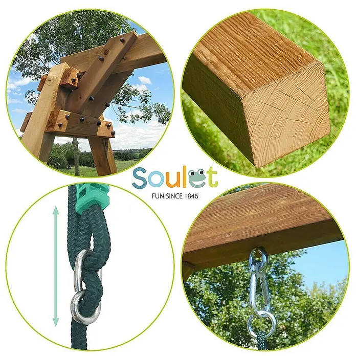 Soulet Kinderspielturm Noumea - L x B x H: 2.730 x 3.130 x 2.370 mm, Holz - Produktdetails der Soulet-Schaukel, die eine robuste Holzkonstruktion, Seile und Befestigungen zeigen.