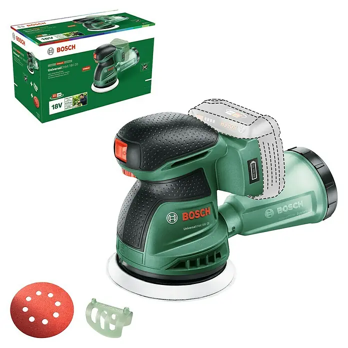 Bosch Power for All 18V Akku-Exzenterschleifer UniversalOrbit 18V-20 - 18 V, Ohne Akku, Durchmesser Schleifteller: 125 mm - Das Bild zeigt einen Akku-Exzenterschleifer UniversalOrbit 18V-20 von Bosch in Grün, zusammen mit Zubehör und der Produktverpackung.