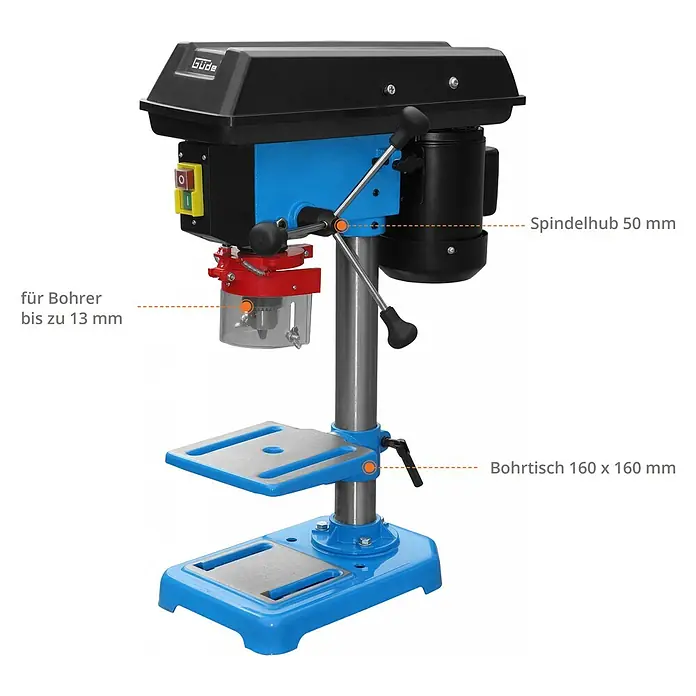 Güde Tischbohrmaschine GTB 13/355 - 350 W, Leerlaufdrehzahl: 580 U/min - 2.650 U/min, Spannweite Bohrfutter: 1,5 mm - 13 mm - Tischbohrmaschine von Güde mit einer Bohrleistung bis 13 mm, Spindelhub 50 mm und Bohrtisch 160 x 160 mm für präzise Arbeiten.