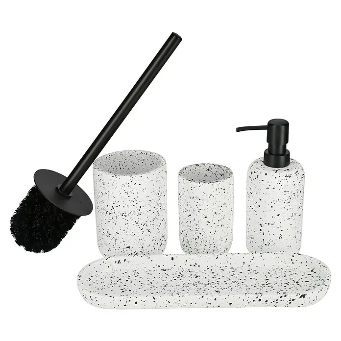Camargue WC-Bürstengarnitur Stone Terrazzo - B x H: 9,6 x 39,5 cm, Polyresin, Weiß/Schwarz - Ein stilvolles Badezimmer-Set mit Seifenspender, Becher, Ablage und Toilettenbürste in modernem Terrazzo-Design.