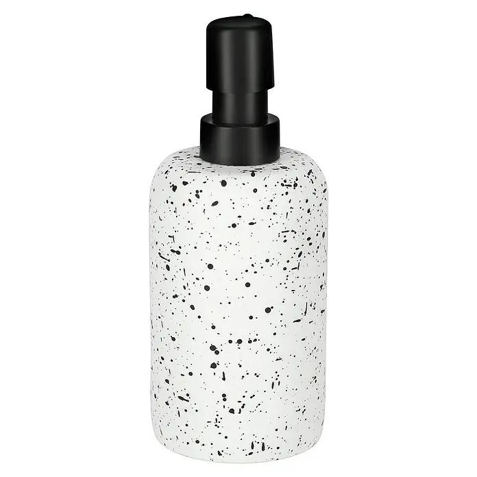 Camargue Seifenspender Stone Terrazzo - 7,5 x 7,5 x 18 cm, Polyresin, Weiß/Schwarz - Nahaufnahme eines weißen Seifenspenders mit schwarzen Sprenkeln und schwarzer Pumpe.