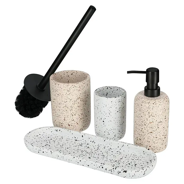 Camargue Seifenspender Stone Terrazzo - 7,5 x 7,5 x 18 cm, Polyresin, Beige/Braun - Badezimmer-Set mit Seifenspender, Becher, Seifenschale und WC-Bürste in modernem Design mit Sprenkelmuster.