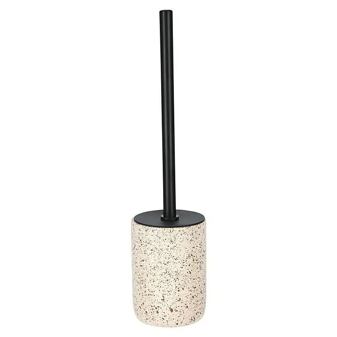 Camargue WC-Bürstengarnitur Stone Terrazzo - B x H: 9,6 x 39,5 cm, Polyresin, Beige/Braun - Ein moderner WC-Bürstenhalter mit einem stilvollen Terrazzo-Sockel und einem schlanken, schwarzen Griff. Das perfekte Accessoire für jedes Badezimmer.
