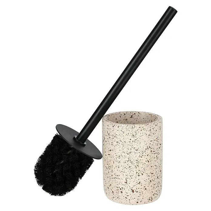 Camargue WC-Bürstengarnitur Stone Terrazzo - B x H: 9,6 x 39,5 cm, Polyresin, Beige/Braun - WC-Garnitur mit einer Toilettenbürste mit schwarzem Griff und Bürstenkopf, neben einem Behälter mit einem gesprenkelten Muster.