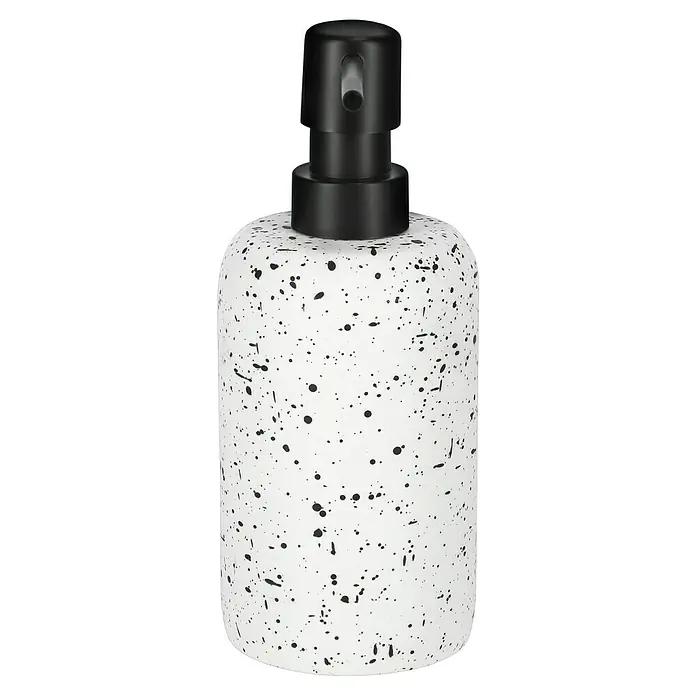 Camargue Seifenspender Stone Terrazzo - 7,5 x 7,5 x 18 cm, Polyresin, Weiß/Schwarz - Nahaufnahme eines weißen Seifenspenders mit schwarzen Sprenkeln und einem schwarzen Pumpkopf.