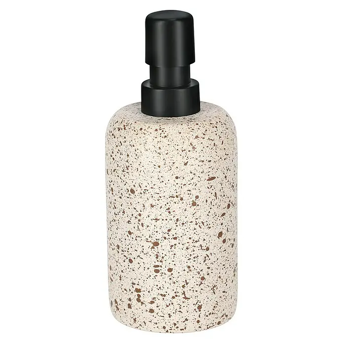 Camargue Seifenspender Stone Terrazzo - 7,5 x 7,5 x 18 cm, Polyresin, Beige/Braun - Stilvoller Seifenspender aus Keramik mit braunen Sprenkeln und einem mattschwarzen Pumpkopf für Badezimmer oder Küche.