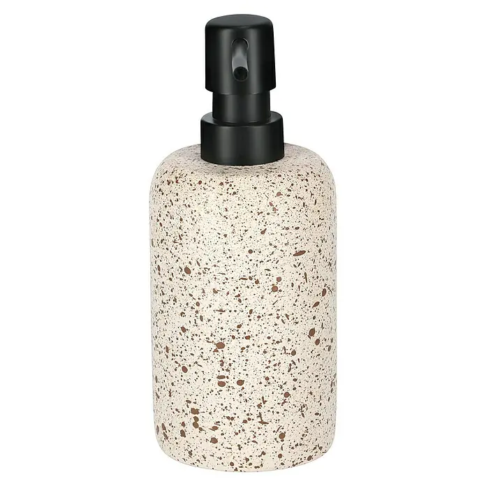 Camargue Seifenspender Stone Terrazzo - 7,5 x 7,5 x 18 cm, Polyresin, Beige/Braun - Elegante Seifenpumpe mit stilvollem Sprenkelmuster und schwarzem Pumpkopf für Badezimmer oder Küche, die Stil und Funktionalität vereint.