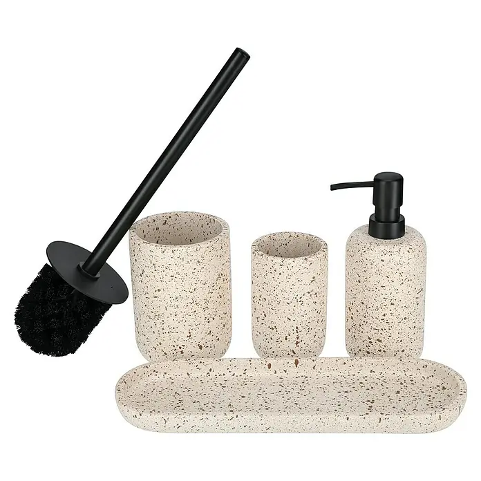 Camargue WC-Bürstengarnitur Stone Terrazzo - B x H: 9,6 x 39,5 cm, Polyresin, Beige/Braun - Ein Badezimmer-Set mit Seifenspender, Bechern, WC-Bürste und Ablageschale in Terrazzo-Optik für ein stilvolles Bad.