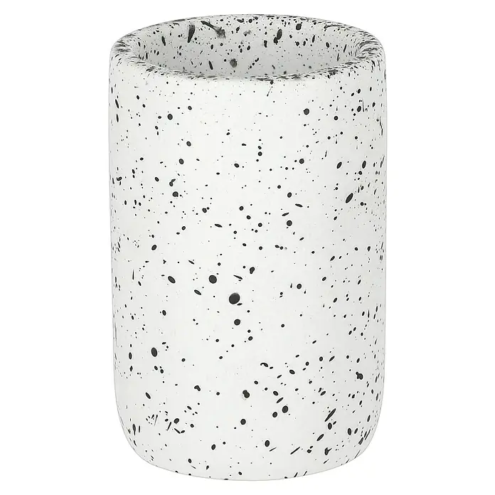 Camargue Zahnputzbecher Stone Terrazzo - Polyresin, Weiß/Schwarz - Nahaufnahme eines zylindrischen, weißen Pflanzgefäßes mit schwarzen Sprenkeln. Ideal für Zimmerpflanzen und moderne Dekoration.