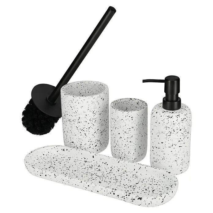 Camargue WC-Bürstengarnitur Stone Terrazzo - B x H: 9,6 x 39,5 cm, Polyresin, Weiß/Schwarz - Badezimmer-Set mit Seifenspender, Becher, Ablage und WC-Bürste in Weiß mit schwarzen Sprenkeln. Praktisch und stilvoll.