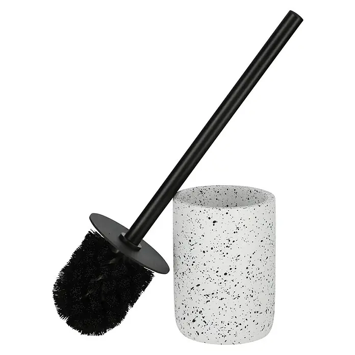 Camargue WC-Bürstengarnitur Stone Terrazzo - B x H: 9,6 x 39,5 cm, Polyresin, Weiß/Schwarz - Schwarze Toilettenbürste mit Halterung mit einem weißen Behälter mit schwarzen Flecken.
