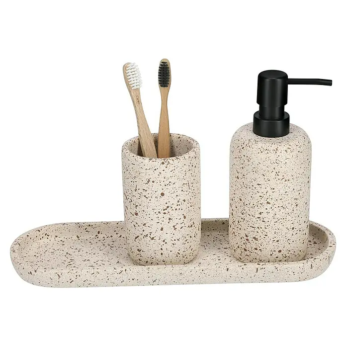 Camargue Seifenspender Stone Terrazzo - 7,5 x 7,5 x 18 cm, Polyresin, Beige/Braun - Elegantes Badezimmer-Set mit Seifenspender, Becher und Ablage in stilvollem Terrazzo-Design für ein modernes Ambiente.