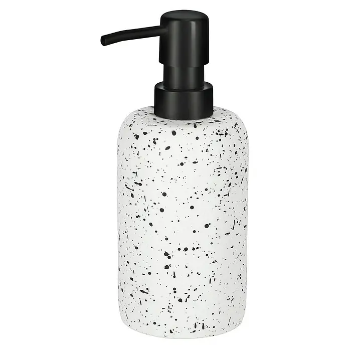 Camargue Seifenspender Stone Terrazzo - 7,5 x 7,5 x 18 cm, Polyresin, Weiß/Schwarz - Nahaufnahme eines stilvollen Seifenspenders in Weiß mit schwarzen Sprenkeln und einem eleganten, schwarzen Spenderkopf.