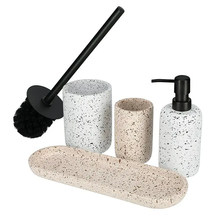Camargue WC-Bürstengarnitur Stone Terrazzo - B x H: 9,6 x 39,5 cm, Polyresin, Weiß/Schwarz - Ein Badezimmer-Set mit Sprenkelmuster bestehend aus Toilettenbürste, Seifenspender, Becher und Seifenablage.