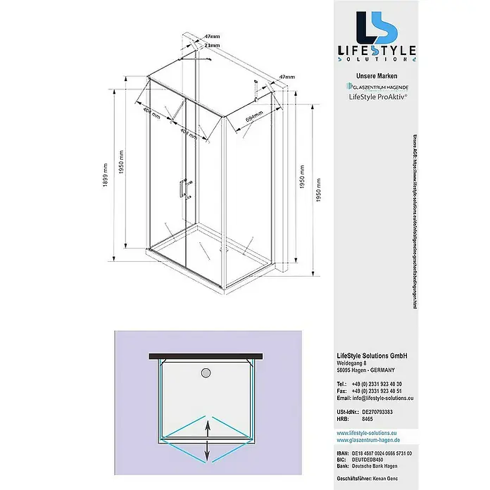 Glaszentrum Hagen U-Duschkabine 80x100x80x195cm Mille U-Duschkabine - Eloxiert, Transparent