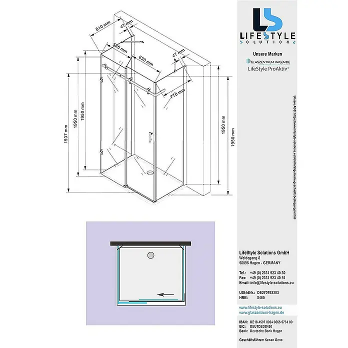 Glaszentrum Hagen U-Duschkabine 90x120x90x195cm Hebe Duschkabine Schiebetür - Imprägniert, Farblos