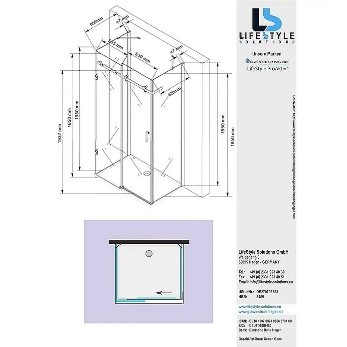 Glaszentrum Hagen U-Duschkabine 75x120x75x195cm Hebe Duschkabine Schiebetür - Imprägniert, Farblos