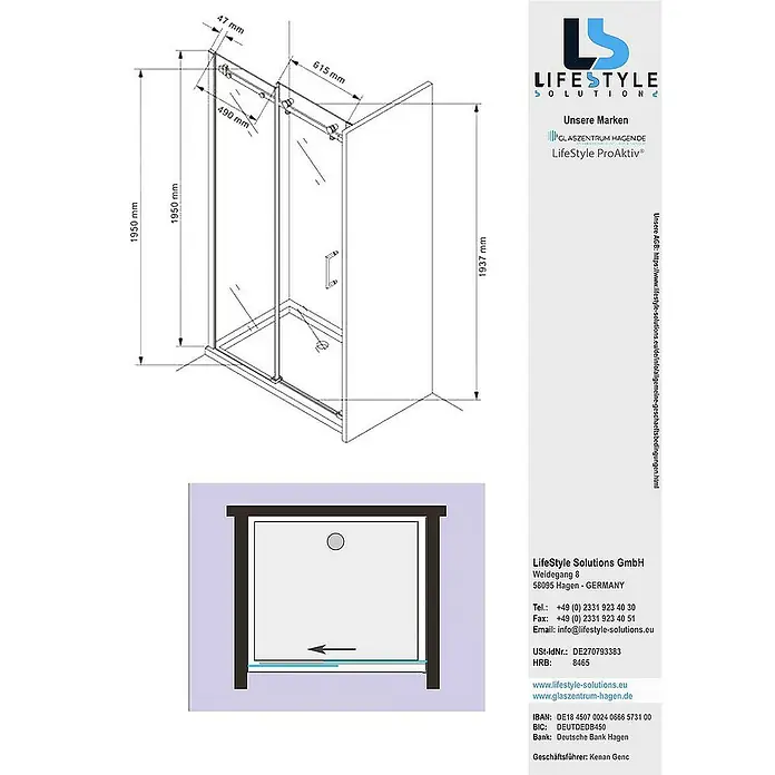 Glaszentrum Hagen Nischendusche 115x195 cm Schiebetür Duschtür ESG Glas - 115 x 195 cm, Eloxiert, TransparentTransparent, 8 mm