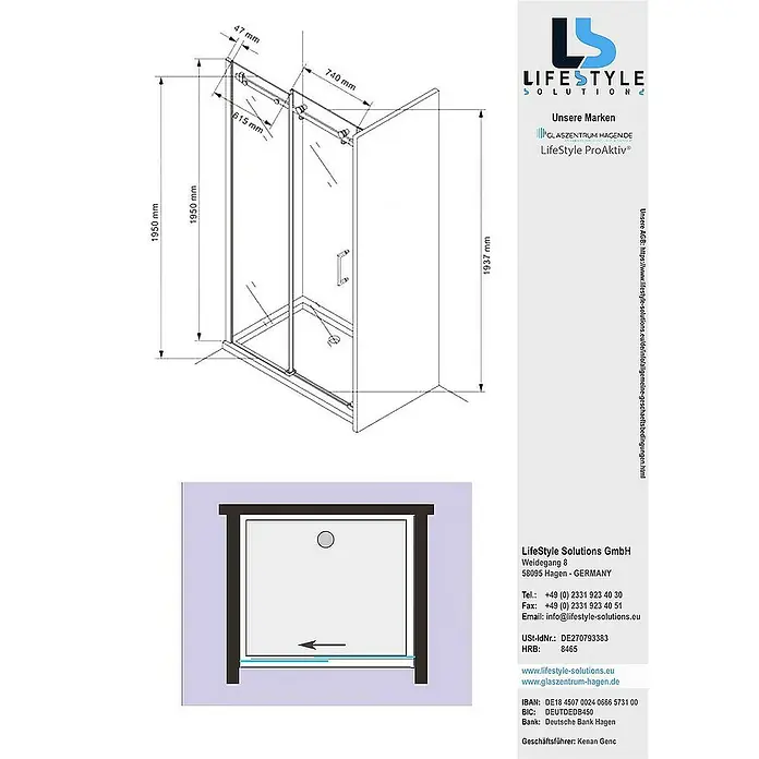 Glaszentrum Hagen Nischendusche 140x195 cm Schiebetür Duschtür ESG Glas - 140 x 195 cm, Eloxiert, TransparentTransparent, 8 mm