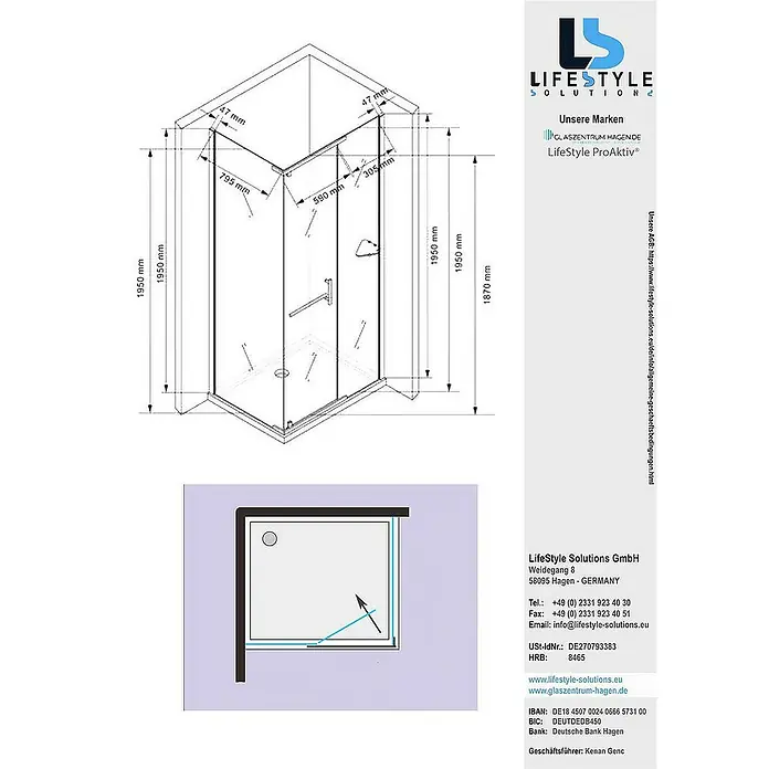 Glaszentrum Hagen Eckdusche 100x90x195cm - Hephaistos "Frost" Duschkabine Dusche Duschabtrennung - 8mm - 90 x 100 x 195 cm, Eloxiert, Satiniert, Stärke: 8 mm