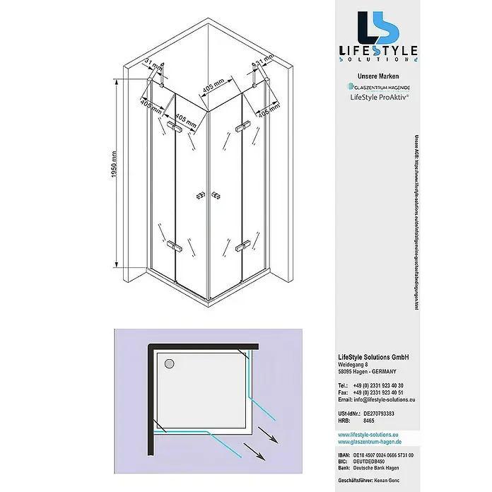 Glaszentrum Hagen Eckdusche 90x90x195 cm DEMETER EckDuschkabine - 90 x 90 x 195 cm, Eloxiert, Transparent, Stärke: 8 mm