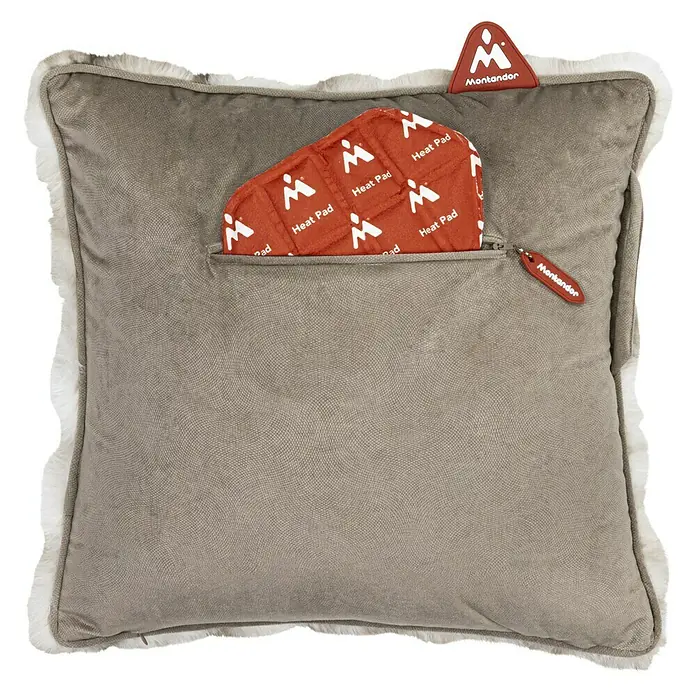 Montandor Heizkissen Wärmekissen - 45 x 45 cm, Taupe - Graues Montandon-Kissen mit flauschigem Rand und rotem Heizkissen in der Tasche für Wärme und Komfort.
