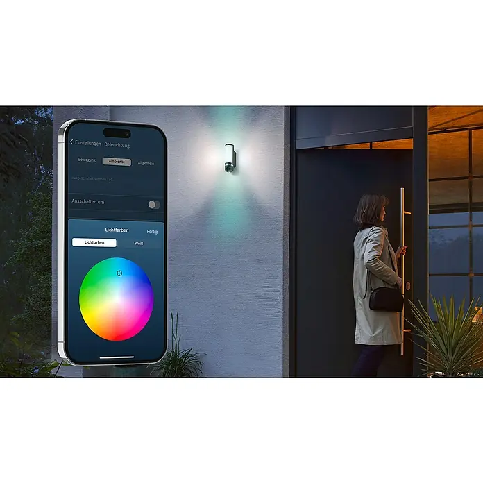 Bosch Smart Home Überwachungskamera Eyes II -  - Smartes Beleuchtungssystem: Farbauswahl über eine Smartphone-App für eine individuell gestaltete Außenbeleuchtung mit einer modernen Wandleuchte.