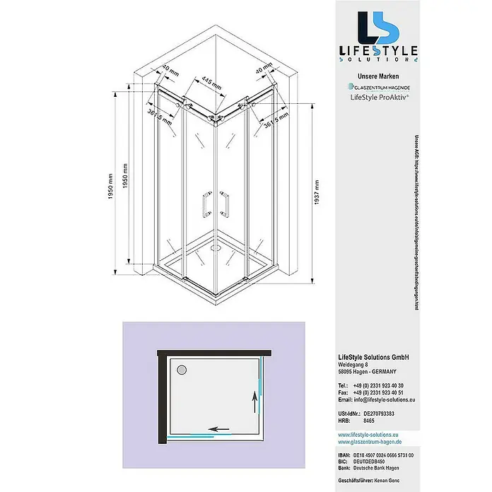 Glaszentrum Hagen Eckdusche 90x90x195 cm Artemis EckDusche Slide-Tür - 90 x 90 x 195 cm, Eloxiert, Transparent, Stärke: 8 mm