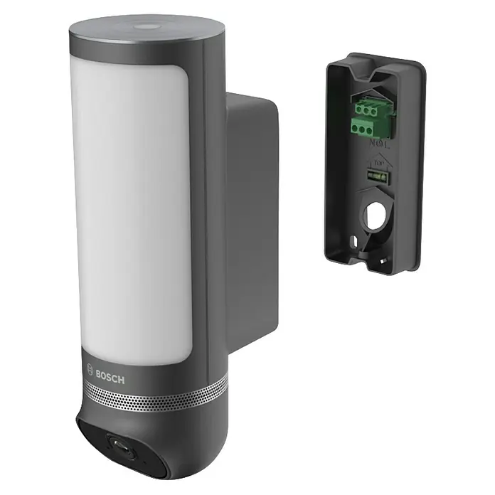 Bosch Smart Home Überwachungskamera Eyes II -  - Abbildung einer Bosch Sicherheitskamera mit LED-Leuchte und Montagehalterung für den Außenbereich.