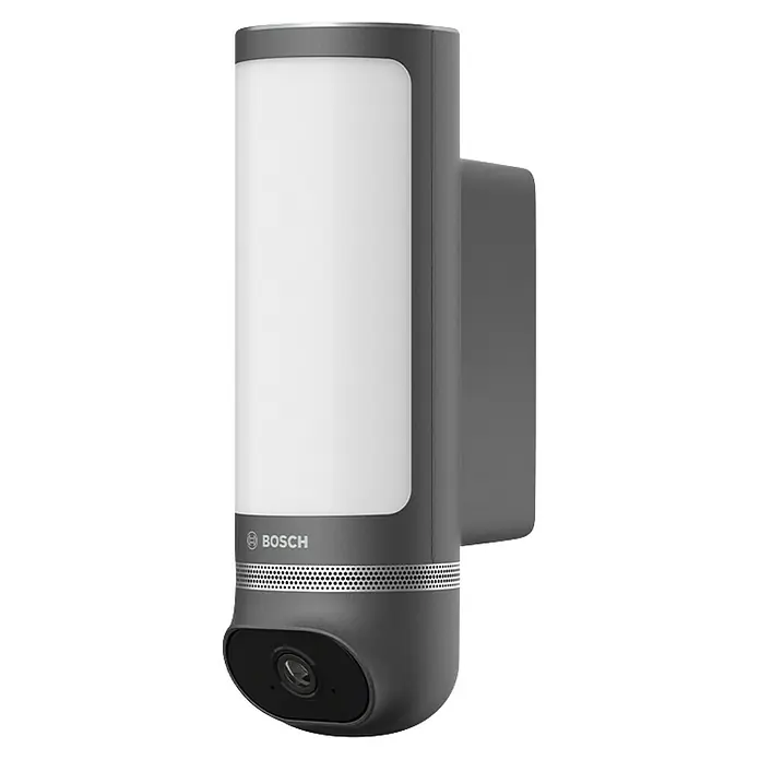 Bosch Smart Home Überwachungskamera Eyes II -  - Das Bild zeigt eine smarte Bosch Außenleuchte mit integrierter Überwachungskamera in modernem Design, ideal für die Sicherheit rund ums Haus.