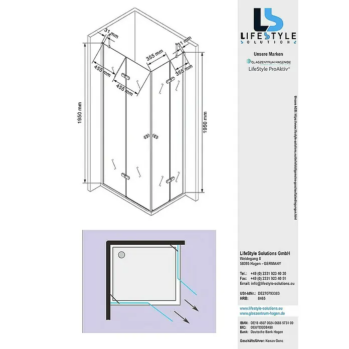 Glaszentrum Hagen Eckdusche 100x80x195 cm DEMETER EckDuschkabine - 80 x 100 x 195 cm, Eloxiert, Transparent, Stärke: 8 mm