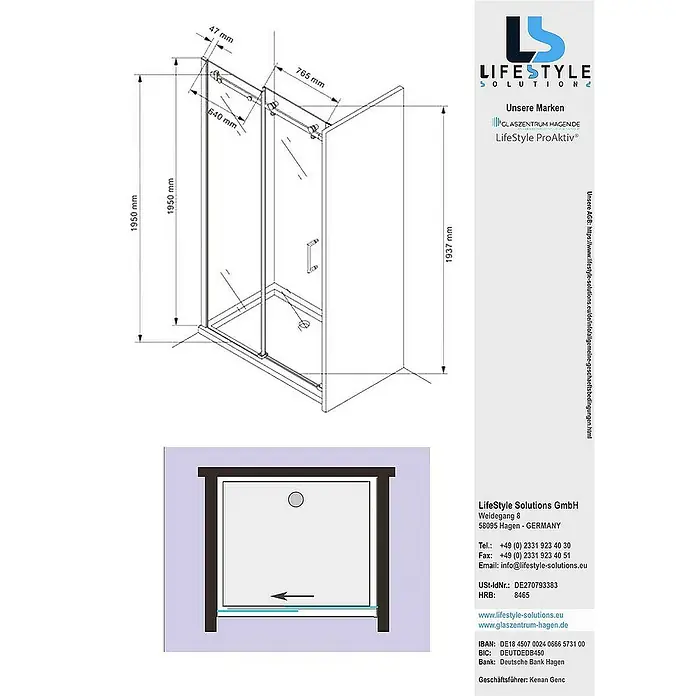 Glaszentrum Hagen Nischendusche 145x195 cm Schiebetür Duschtür ESG Glas - 145 x 195 cm, Eloxiert, TransparentTransparent, 8 mm