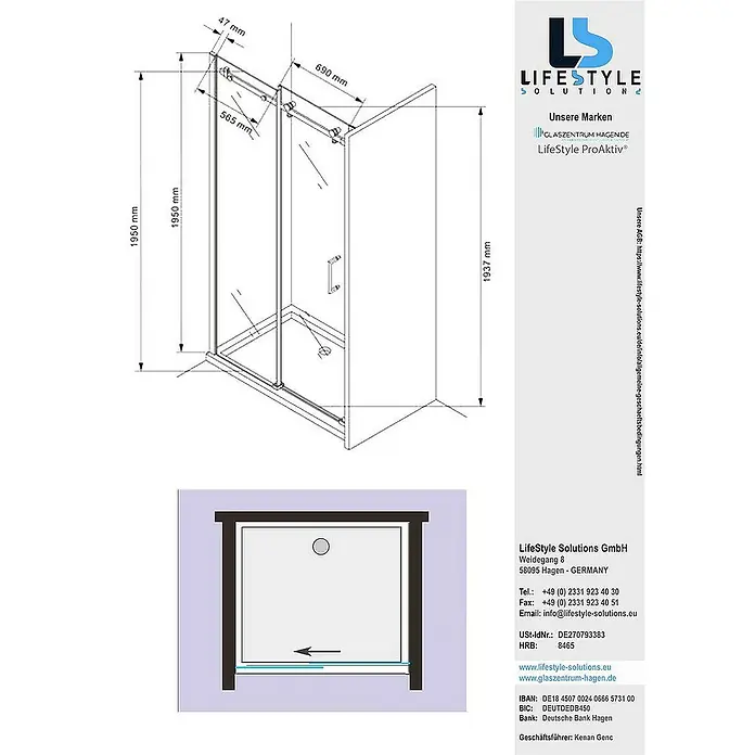Glaszentrum Hagen Nischendusche 130x195 cm Schiebetür Duschtür ESG Glas - 130 x 195 cm, Eloxiert, TransparentTransparent, 8 mm