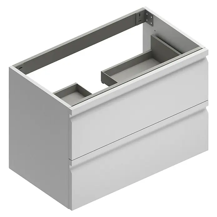 Camargue Pull Waschtischunterschrank - B x T x H: 79,5 x 45,4 x 55 cm, Weiß - Abbildung eines modernen, weißen Badezimmer-Waschtischunterschranks mit zwei Schubladen und offenem Oberteil.