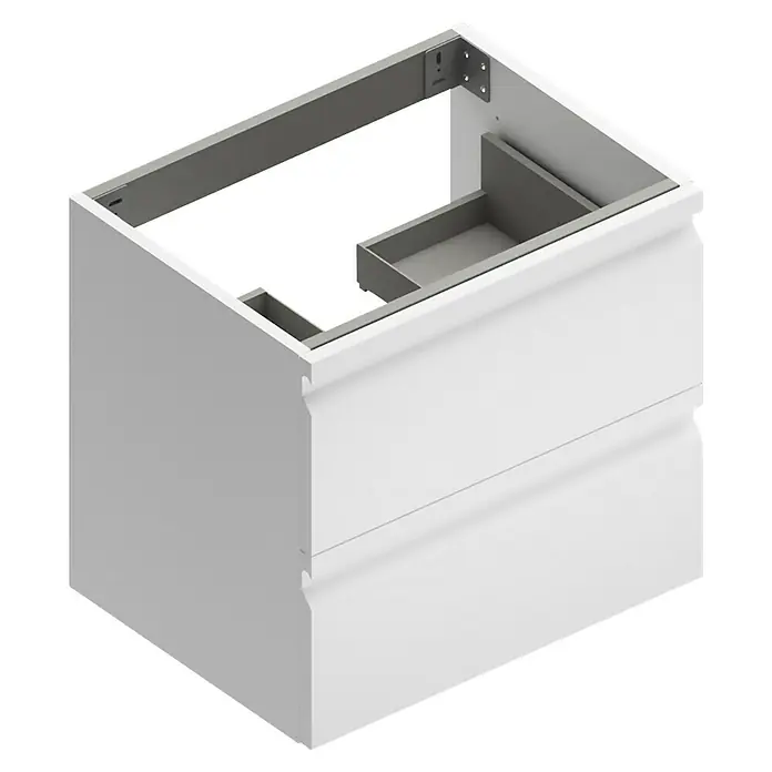 Camargue Pull Waschtischunterschrank - B x T x H: 59,5 x 45,4 x 55 cm, Weiß - Nahaufnahme eines weißen Badezimmerschranks mit zwei Schubladen und einem grauen Rahmen, der für eine moderne Badgestaltung konzipiert ist.