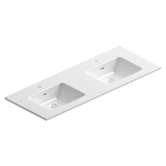 Camargue Pull Aufsatzwaschbecken - 121 x 46,5 cm, Weiß - Weißer Waschtisch mit zwei Becken und Hahnlöchern. Ideal für ein modernes Badezimmer mit viel Platz und einem minimalistischen Design.