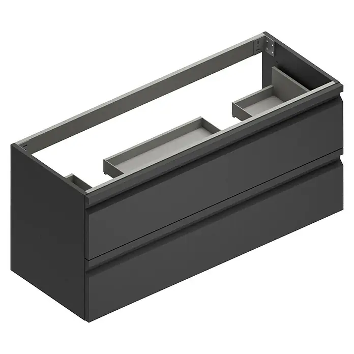 Camargue Pull Waschtischunterschrank - B x T x H: 120 x 45,4 x 55 cm, Grafit - Produktansicht eines modernen grauen Badezimmerschranks mit Schubladen und offenem Stauraum oben.